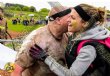 Nikki congratulates Andy as he's the final brave warrior safely over the line
